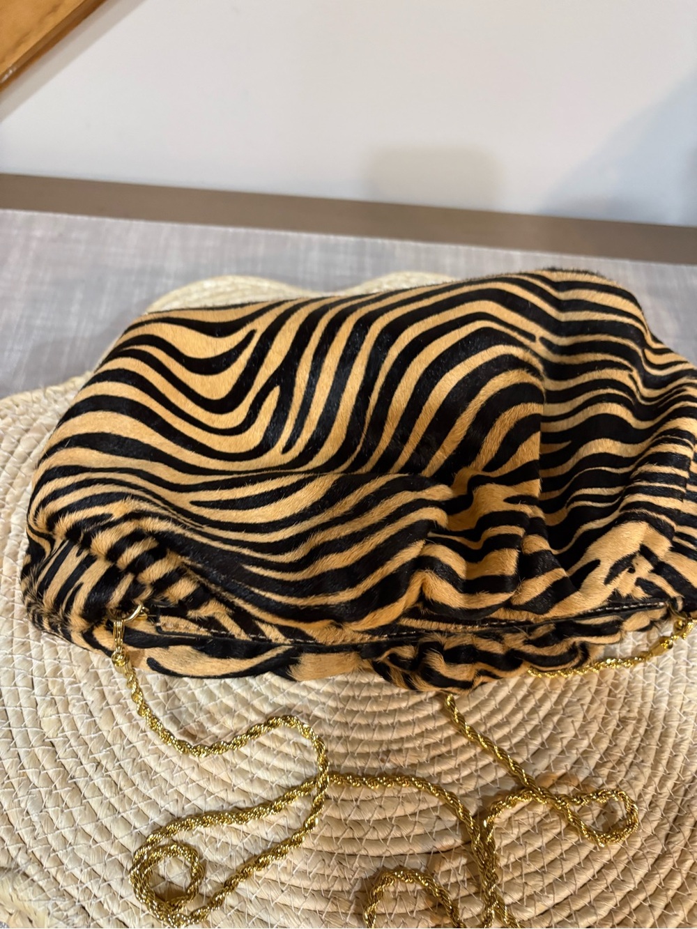 Zebra Print Drawstring Shoulder Bag with Gold Chain - Picture 10 of 10